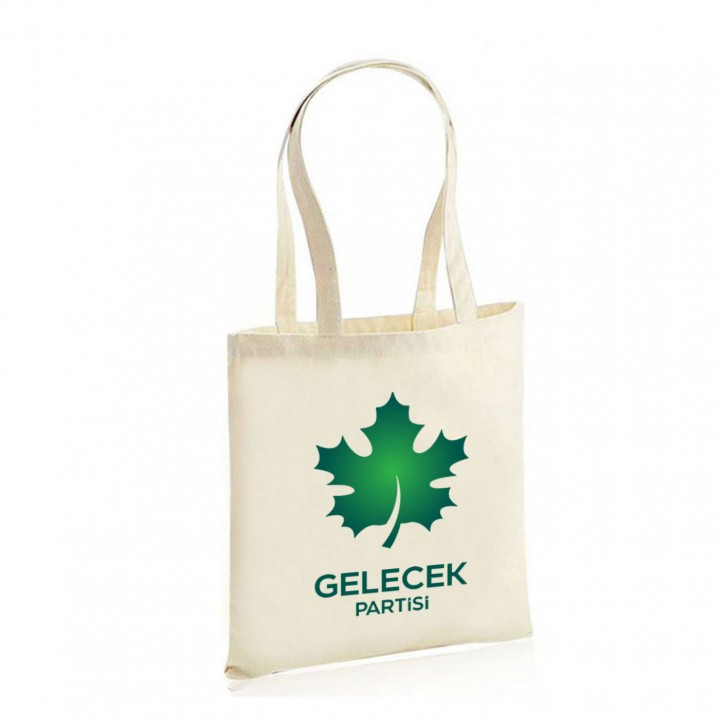 Gelecek Partisi Logolu Doğal Renk Uzun Saplı Ham Bez Promosyon Çanta
